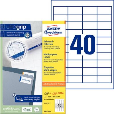 Universal-Etiketten,Inkjet, Laser s/w, Farblaser, permanent, 48,5 x 25,4 mm, 1 Packung = 100 Blatt = 4.000 Stück