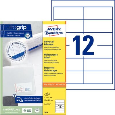Universal-Etiketten, Inkjet, Laser s/w, Farblaser, permanent , 97 x 42,3 mm, weiß, 1 Packung = 100 Blatt = 1.200 Stück