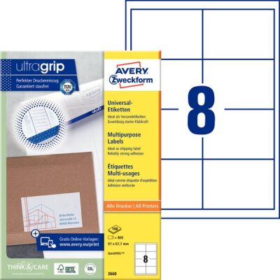 Universal-Etiketten, Inkjet, Laser s/w, Farblaser, permanent, 97 x 67,7 mm, weiß, 1 Packung = 100 Blatt = 800 Stück