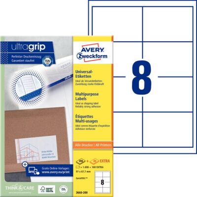 Universal-Etiketten, Inkjet, Laser s/w, Farblaser, permanent, 97 x 67,7 mm, weiß, 1 VE= 200 + 20 Bl. = 1.600 + 160 Stk.