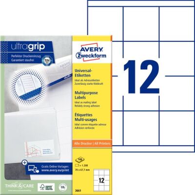 Universal-Etiketten, Inkjet, Laser s/w, Farblaser, permanent, 70 x 67,7 mm, weiß, 1 Packung = 100 Blatt = 1200 Stück