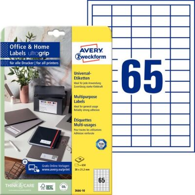 Universal-Etiketten, Inkjet, Laser s/w, Farblaser, permanent, weiß, 38 x 21,2 mm, 1 Packung = 10 Blatt = 650 Stück