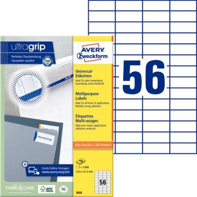Universal-Etiketten, Inkjet, Laser s/w, Farblaser, permanent, 52,5 x 21,2 mm, weiß, 1 Packung = 100 Blatt = 5.600 Stück