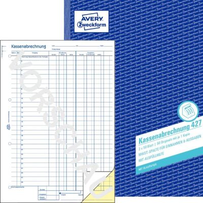 Kassenabrechnung, MwSt.-Spalte für Ausgaben, 1. Blatt mit Mikroperforation, A4, weiß/gelb, mit Blaupapier, 2 x 50 Blatt