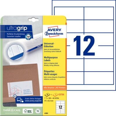 Universal-Etiketten,Inkjet, Laser s/w, Farblaser, permanent, weiß, 97 x 42,3 mm, 1 VE =  25 + 5 Bl. = 300 + 60 Stk.