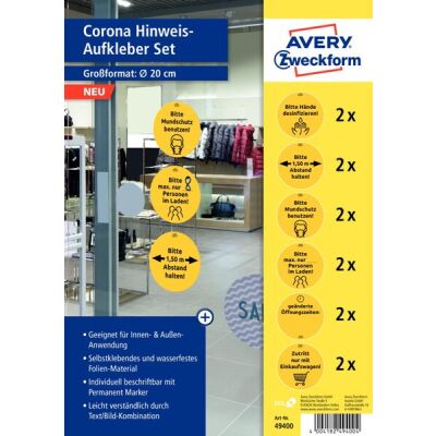 Corona Hinweis-Aufkleber Set Ø 20 cm, wetterfeste Folie, für innen- und außen geeignet, permanent, 1 Packung = 12 Stück