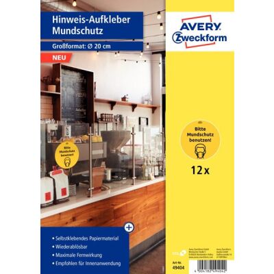 Corona Hinweis-Aufkleber Mundschutz benutzen, Ø 20cm, wiederablösbar, für Innenbereich, 1 Packung = 12 Etiketten