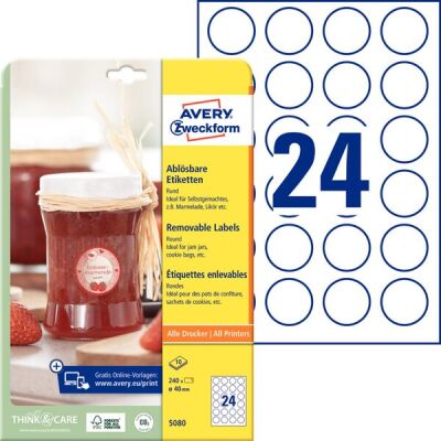 Ablösbare-Etiketten, Inkjet, Laser s/w, Farblaser, 40 mm, weiß, 1 Packung = 10 Bogen = 240 Etiketten