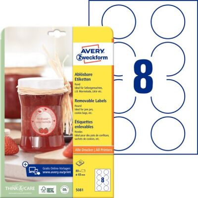Ablösbare-Etiketten, rund, 65 mm, Inkjet, Laser s/w, Farblaser, weiß, 1 Packung = 10 Bogen = 80 Stück