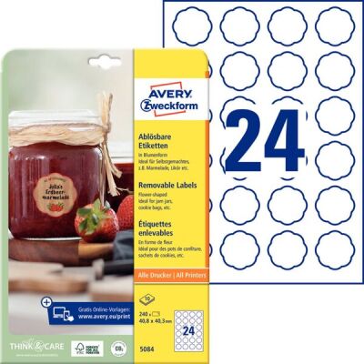 Ablösbare-Etiketten, Blumenform, Inkjet, Laser s/w, Farblaser, 408 x 403 mm, weiß, 240 Stück, 1 Pack = 10 Bl. = 240 Stk.