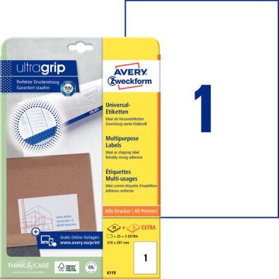 Universal-Etiketten, Inkjet, Laser s/w, Farblaser, permanent, 210 x 297 mm, weiß, 1 Packung = 25 + 5 Bl. = 25 + 5 Stück