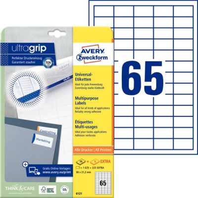 Universal-Etiketten, Inkjet, Laser s/w, Farblaser, permanent, 38 x 21,2 mm, weiß, 25 Blatt + 5 Blatt = 1.950 Stück