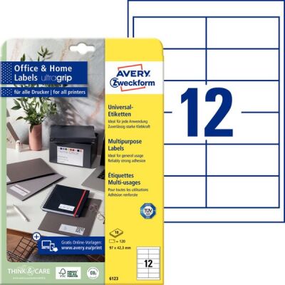 Universal-Etiketten, Inkjet, Laser s/w, Farblaser, permanent, weiß, 97 x 42,3 mm, 1 Packung = 10 Blatt = 120 Stück