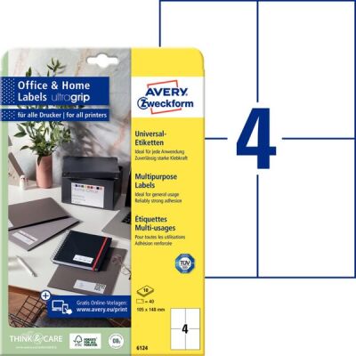 Universal-Etiketten, permanent, Inkjet, Laser s/w, Farblaserweiß, 105 x 148 mm, 1 Packung = 10 Blatt = 40 Stück