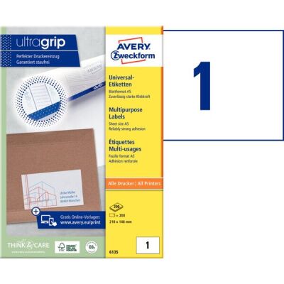 Universal-Etiketten, Inkjet, Laser s/w, Farblaser, permanent, 210x148 mm, weiß, 1 Packung = 200 Blatt = 200 Stück