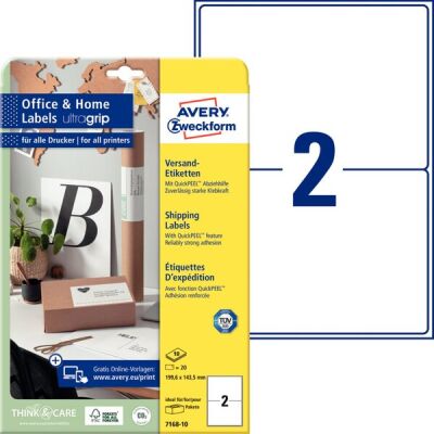 Versand-Etiketten weiß, 199,6 x 143,5 mm, Laser s/w, Farblaser, permanent, 1 Packung = 10 Blatt = 20 Stück