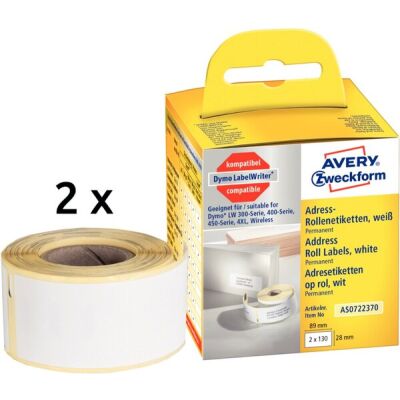 Rollenetikett, 89 x 28 mm, permanent, weiß, ersetzt Dymo: S0722370, 1 Packung = 2 Rollen = 260 Etiketten