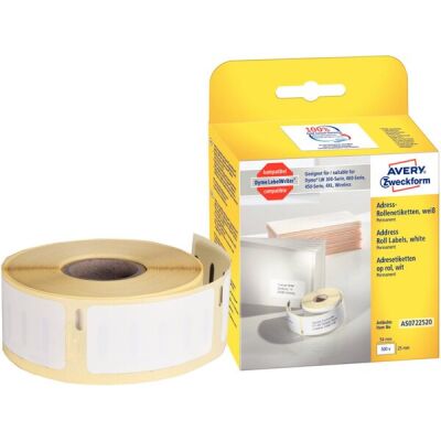 Rollenetiketten, 54 x 25 mm, permanent, weiß, ersetzt Dymo: S0722520,  1 Packung = 1 Rolle = 500 Etiketten