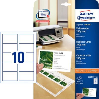 Visitenkarten. 200g, Quick und Clean, für Inkjet / Farblaser / Laser (s/w) / Kopierer, 85 x 54 mm, unbeschichtet, weiß, 100 Karten