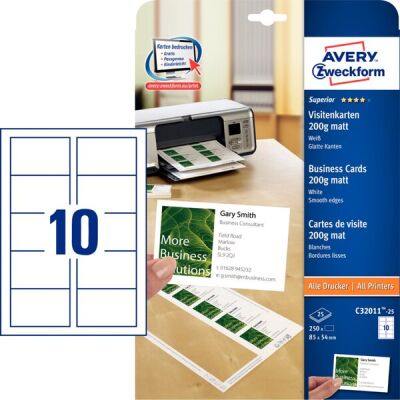 Visitenkarten, 200g, Quick und Clean, 85 x 54 mm, unbeschichtet, weiß, 1 Packung = 25 Blatt = 250 Karten