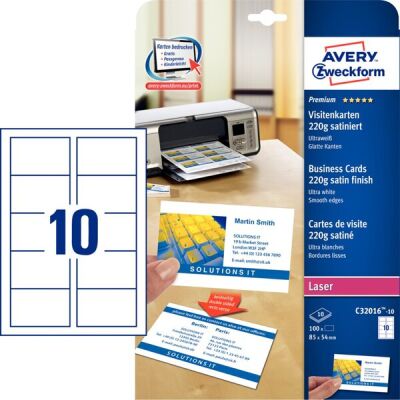 Visitenkarten, 220g, Quick und Clean, 85 x 54 mm, satiniert, ultraweiß,bedruckbar, 1 Packung = 10 Blatt = 100 Karten