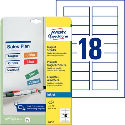 Magnetschilder, 78 x 28 mm, weiß, mikroperforiert, Inkjet, 1 Packung = 5 Blatt = 90 Etiketten