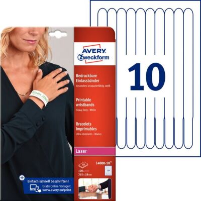 Einlassbänder, Farblaser- + Laserdrucker, weiß, 265 x 18 mm, Folie, 10 Blatt = 100 Etiketten