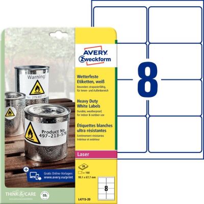 Wetterfeste Folienetiketten, 99,1 x 67,7 mm, matt, abwaschbar, weiß, bedruckbar, 1 Packung = 20 Blatt = 160 Etiketten