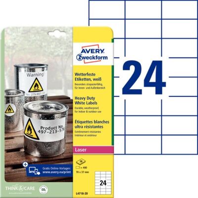 Wetterfeste Folienetiketten, 70 x 37mm, matt, abwaschbar, bedruckbar, 1 Packung = 20 Blatt = 480 Etiketten