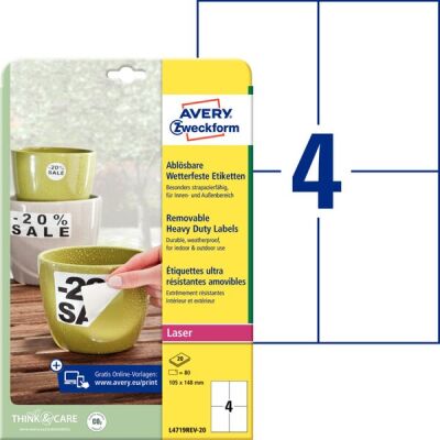 Wetterfeste, ablösbare Folienetiketten, 105x148mm, matt, abwaschbar, weiß, bedruckbar, 1 Pack = 20 Blatt = 80 Etiketten