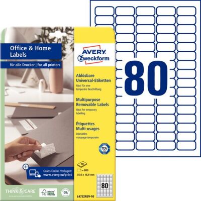 Universal-Etiketten, bedruckbar, ablösbar, weiß, 35,6 x 16,9 mm, 1 Packung = 10 Blatt = 800 Stück