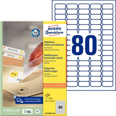 Universal-Etiketten, Inkjet, Laser s/w, Farblaser, ablösbar, weiß, 35,6 x 16,9 mm, 1 Packung = 100 Blatt = 8.000 Stück