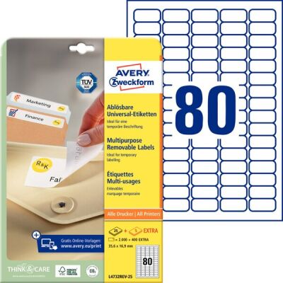 Universal-Etiketten, bedruckbar, ablösbar, 35,6 x 16,9 mm, weiß, 1 Packung = 25 + 5 Blatt = 2.000 Stück + 400 Stück