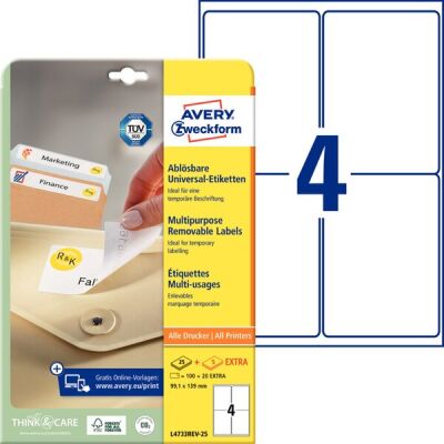 Universal-Etiketten, bedruckbar, ablösbar, 99,1x139mm, 1 Packung = 25 Blatt + 5 Blatt = 100 Stück + 20 Stück
