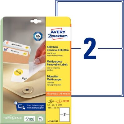 Universal-Etiketten, bedruckbar, ablösbar, 199,6 x 143,5 mm, weiß, 1 Pack = 250 Blatt + 10 Blatt = 50 Stück + 10 Stück