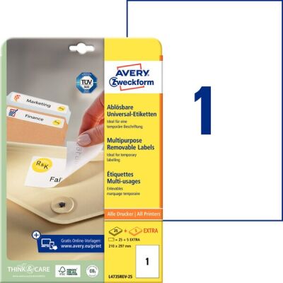 Universal-Etiketten, bedruckbar, ablösbar, 210 x 297mm, weiß , 1 Packung = 25 Blatt + 5 Blatt = 25 Stück + 5 Stück