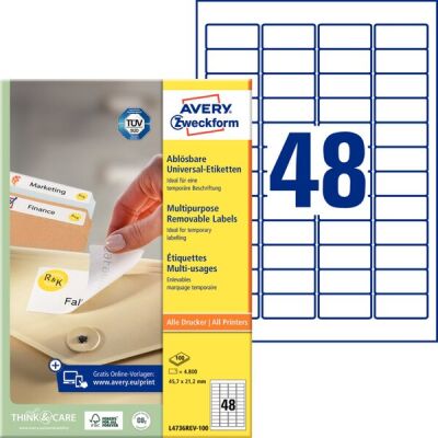 Universal-Etiketten, bedruckbar, ablösbar, weiß, 45,7 x 21,2 mm, 1 Packung = 100 Blatt = 4.800 Stück
