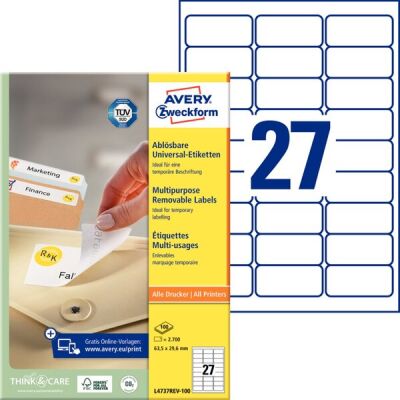 Universal-Etiketten, bedruckbar, ablösbar, weiß, 63,5 x 29,6 mm, 1 Packung = 100 Blatt = 2.700 Stück