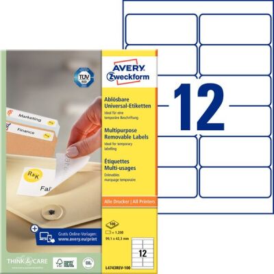 Universal-Etiketten, bedruckbar, ablösbar, weiß, 99,1 x 42,3 mm, 1 Packung = 100 Bogen = 1.200 Etiketten