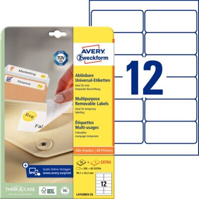 Universal-Etiketten, ablösbar, bedruckbar,  99,1 x 42,3mm, weiß, 1 Packung = 25 Blatt + 5 Blatt =  300 Stück + 60 Stück