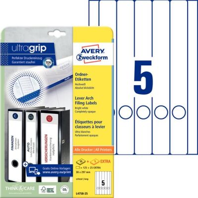 Ordner-Etiketten, bedruckbar, lang/schmal, weiß, 38 x 297 mm, 1 Packung = 25 Blatt + 5 Blatt = 125 Stück + 5 Stück