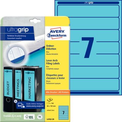 Ordner-Etiketten, Inkjet,Laser s/w + Farbe, kurz/schmal, blau, permanent, 38 x 192 mm, 1 Packung =  20 Blatt = 140 Stück