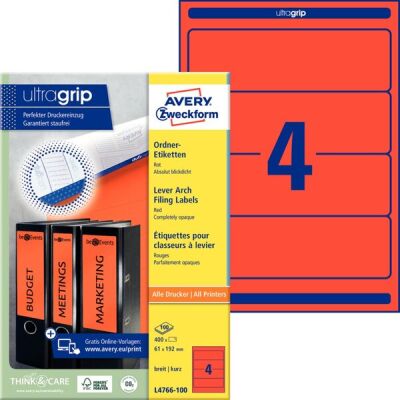 Ordner-Etiketten, Inkjet,Laser s/w + Farbe, permanent, kurz/breit, rot, A4, 61x192 mm, 1 Packung = 100 Blatt = 400 Stück