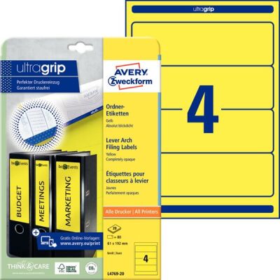 Ordner-Etiketten, Inkjet,Laser s/w + Farbe, permanent, kurz/breit, gelb, 61 x 192 mm, 1 Packung = 20 Blatt = 80 Stück