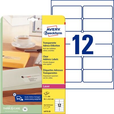 Polyester-Etiketten, transparent, permanent, Farblaser/ Laser s/w, 99,1 x 42,3 mm, 1 Packung = 25 Blatt = 300 Stück