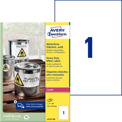 Wetterfeste Etiketten, weiß, bedruckbar, Permanent, 210 x 297 mm, 1 Packung = 100 Bogen = 100 Etiketten