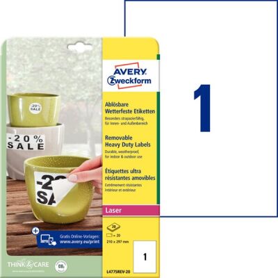 Wetterfeste Folienetiketten, weiß, Laser s/w, Farblaser, 210 x 297 mm, wiederablösbar, 1 Packung = 20 Blatt = 20 Stück