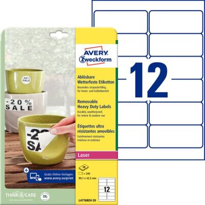 Wetterfeste Folienetiketten, weiß, Laser s/w, Farblaser, 99,1 x 42,3 mm, ablösbar, 1 Packung = 20 Blatt = 240 Etiketten