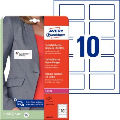 Namens-Etiketten, weiß, Acetatseide, Laser s/w, Farblaser, 80 x 50 mm, ablösbar, 1 Packung = 20 Bogen = 200 Etiketten