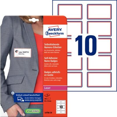 Namensetiketten, 80 x 50mm, roter Rahmen, Acetatseide, Laser s/w, Farblaser, ablösbar, 1 Packung = 20 Blatt = 200 Stück